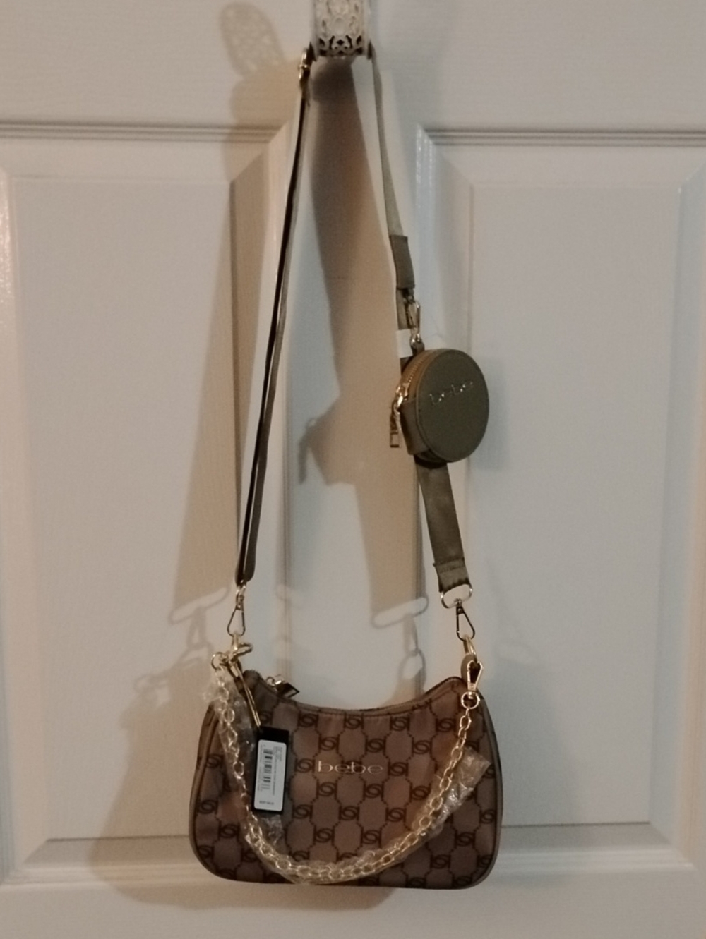 bebe Taupe Logo-Print Crossbody Bag with Coin Pouch